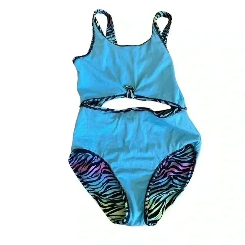 Art Class Zebra Multicolor One-Piece Girls Swimming Suit SZ L (10/12) # 1315